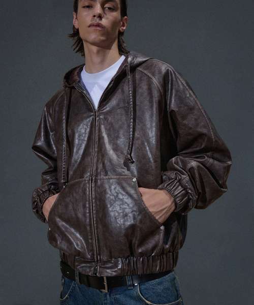 NOT4NERD(ノットフォーナード)の「Crop Leather Vintage Hooded Jacket - Brown(ライダースジャケット・レディース・その他・MEDIUM/LARGE/X-LARGE)」の1枚目の写真