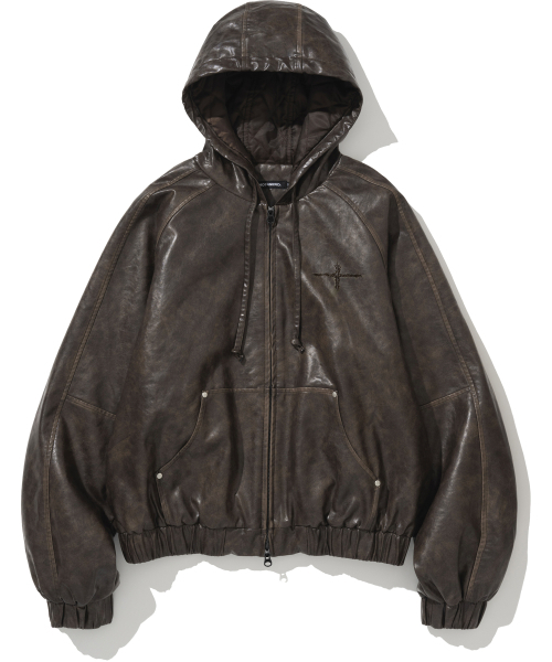 NOT4NERD(ノットフォーナード)の「Crop Leather Vintage Hooded Jacket - Brown(ライダースジャケット・レディース・その他・MEDIUM/LARGE/X-LARGE)」の2枚目の写真