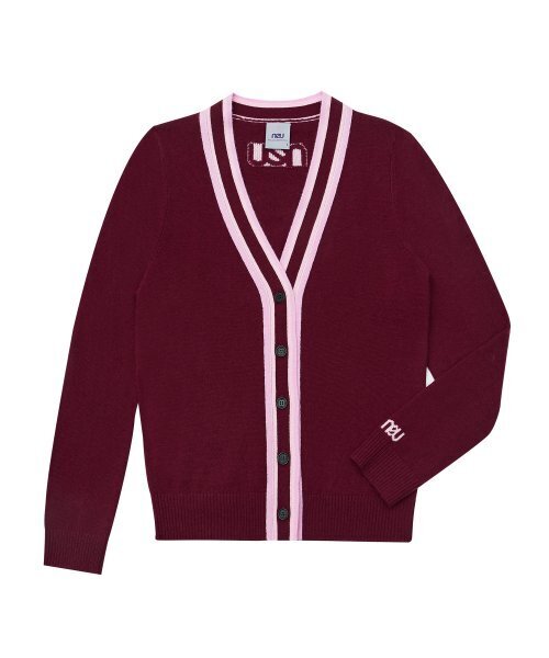 くにです☆ パールビジュー釦付きパワーショルダー配色ニットカーディガン