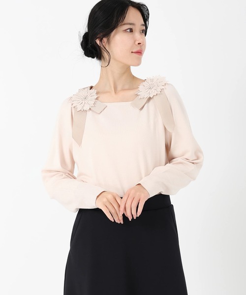 ストロベリーフィールズ レースタフタリボンネックニット 新品 ストロベリーフィールズ STRAWBERRY FIELDS レース＊タフタリボン