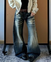ZENEZ CUSTOM DESTROY PANTS　y2k 　フレアパンツ セール】Y2Kギャザー フレアシルエットヴィンテージデニム（デニム