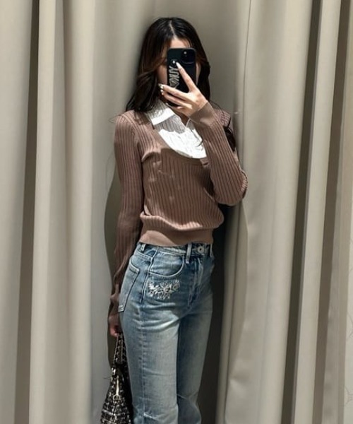 シャツドッキングロングスリーブニットトップス 冬服 春服（ポロシャツ