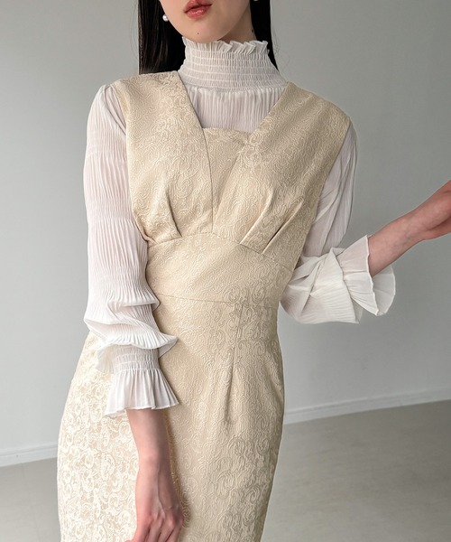 JUNOAH（ジュノア）の「ジャガードバックレースアップジャンスカ（ジャンパースカート・レディース・ネイビー/ブラック/ライトベージュ・SMALL/MEDIUM/LARGE）」の5枚目の写真