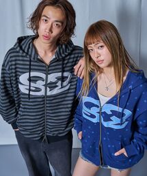 SEQUENZ（シークエンズ）の「【sqnz（エスキュンズ）】sqnz logo applique zip p/k / ユニセックス 裏毛 ダブルジップ ジップパーカー フーディ 星柄 ボーダー チェック（パーカー）」