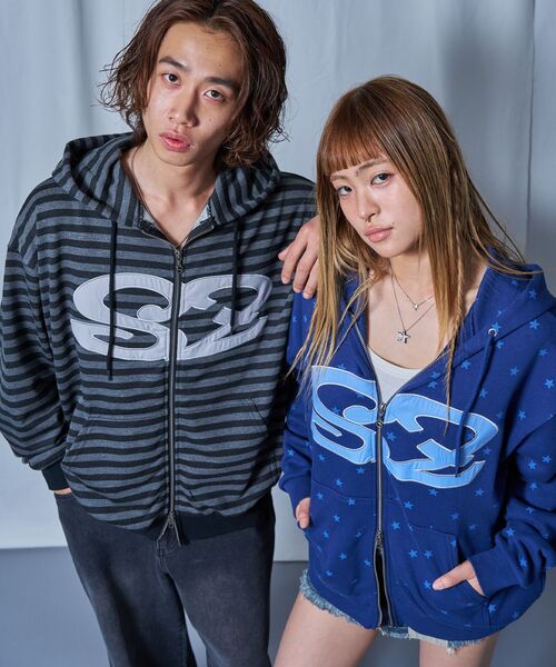 SEQUENZ（シークエンズ）の「【sqnz（エスキュンズ）】sqnz logo applique zip p/k / ユニセックス 裏毛 ダブルジップ ジップパーカー フーディ 星柄 ボーダー チェック（パーカー・メンズ・グレー/その他2/ライトピンク/その他3・MEDIUM/SMALL/LARGE）」の3枚目の写真