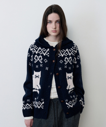 CAT JACQUARD HOODIE CARDIGAN NAVY