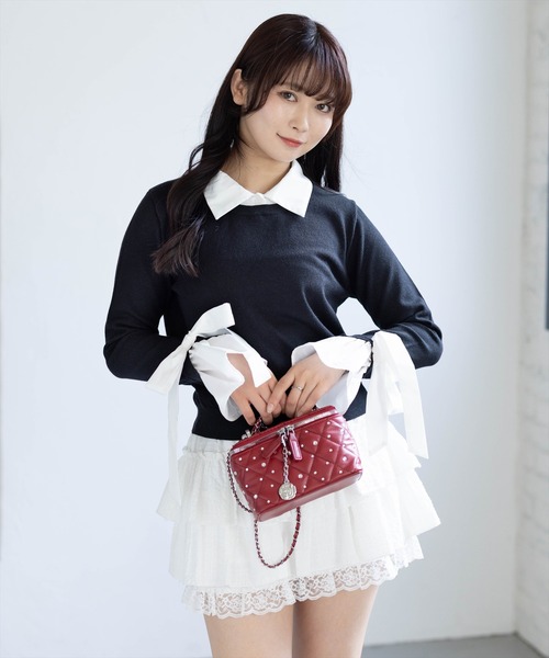 CLEAR BASIC（クリアベーシック）の「シャツレイヤード風袖口リボンニットトップス[大人 フェミニン 上品]（ニット/セーター・レディース・レッド/グレー/ブラック・F）」の8枚目の写真
