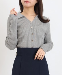 刺繍ロゴ ポロリブ編み長袖ニット