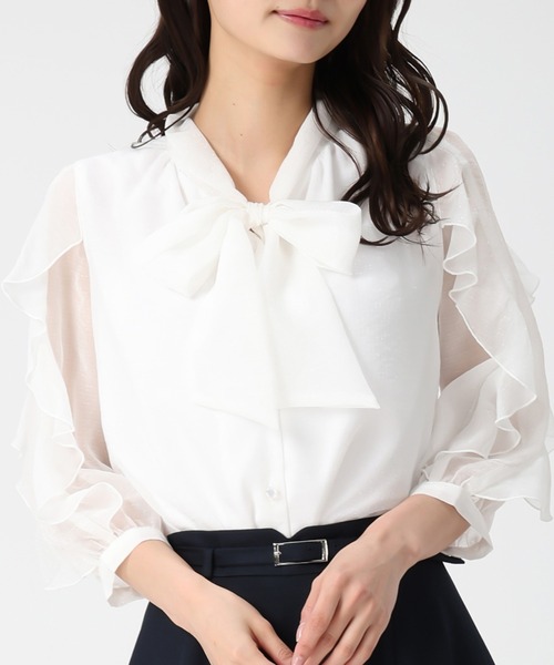 MISCH MASCH（ミッシュマッシュ）の「2026春夏新作 袖フリルラメシアーボウタイブラウス（シャツ/ブラウス・レディース・ピンク/ホワイト/グリーン・ﾌﾘ-）」の7枚目の写真