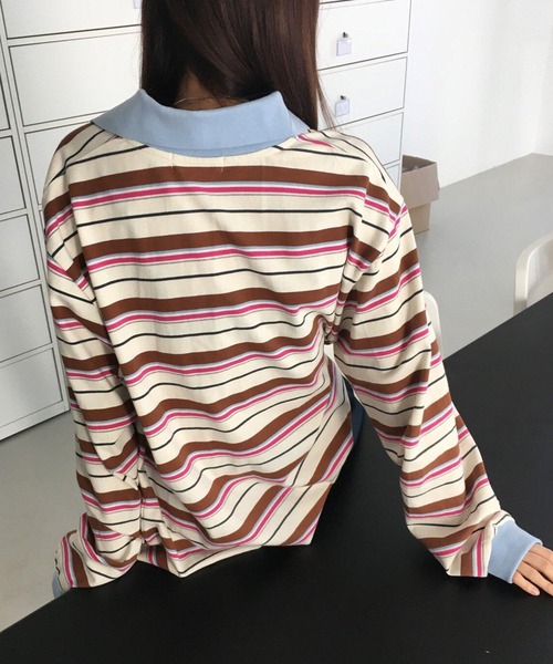 meJane(ミージェーン)の「マルチボーダー 長袖ポロシャツ(ポロシャツ・レディース・ホワイト系/ピンク系/ブルー系・FREE)」の12枚目の写真