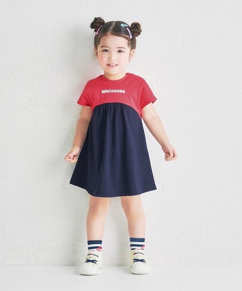 MIKI HOUSE（ミキハウス）の「【WEB限定】バイカラーバックロゴ半袖ワンピース（ワンピース・キッズ・レッド系その他/グリーン・100cm/90cm/80ｃｍ）」の2枚目の写真