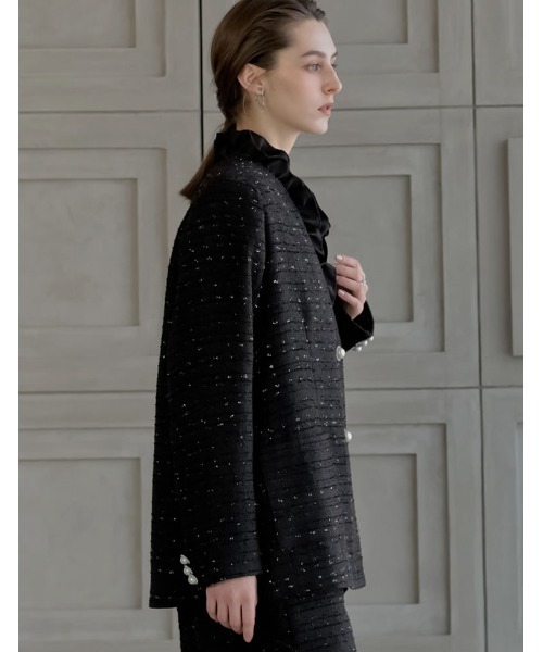 MEISM（ミズム）の「[2026S/S COLLECTION][MEISM by Re:EDIT]ラメツイードVネックノーカラーオーバージャケット（ノーカラージャケット・レディース・ホワイト/ブラック・LARGE/MEDIUM）」の4枚目の写真