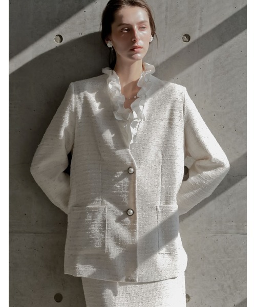 MEISM（ミズム）の「[2026S/S COLLECTION][MEISM by Re:EDIT]ラメツイードVネックノーカラーオーバージャケット（ノーカラージャケット・レディース・ホワイト/ブラック・LARGE/MEDIUM）」の13枚目の写真
