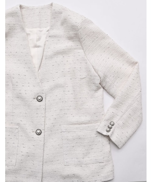 MEISM（ミズム）の「[2026S/S COLLECTION][MEISM by Re:EDIT]ラメツイードVネックノーカラーオーバージャケット（ノーカラージャケット・レディース・ホワイト/ブラック・LARGE/MEDIUM）」の15枚目の写真