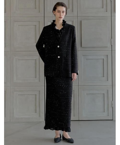 MEISM（ミズム）の「[2026S/S COLLECTION][MEISM by Re:EDIT]ラメツイードVネックノーカラーオーバージャケット（ノーカラージャケット・レディース・ホワイト/ブラック・LARGE/MEDIUM）」の3枚目の写真