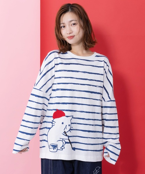 ScoLar Parity（スカラーパリティ）の「361113：画家ネコボーダーTシャツ（Tシャツ/カットソー・レディース・ブルー/オフホワイト/ブラック・M）」の2枚目の写真