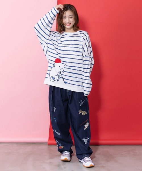 ScoLar Parity（スカラーパリティ）の「361113：画家ネコボーダーTシャツ（Tシャツ/カットソー・レディース・ブルー/オフホワイト/ブラック・M）」の5枚目の写真