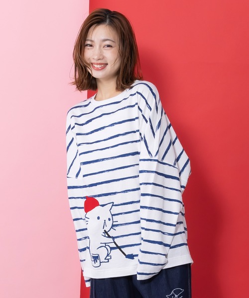 ScoLar Parity（スカラーパリティ）の「361113：画家ネコボーダーTシャツ（Tシャツ/カットソー・レディース・ブルー/オフホワイト/ブラック・M）」の6枚目の写真