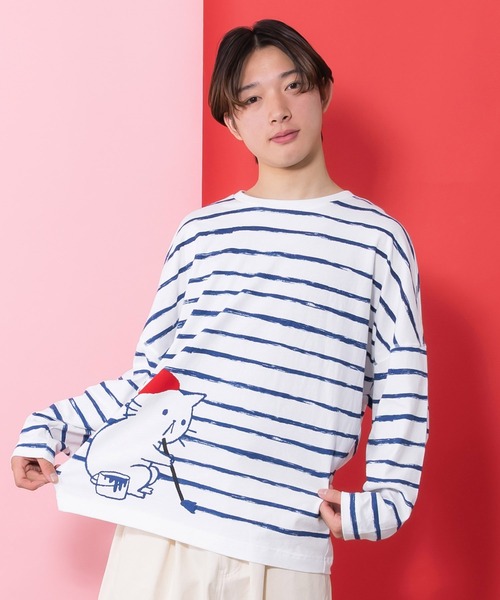 ScoLar Parity（スカラーパリティ）の「361113：画家ネコボーダーTシャツ（Tシャツ/カットソー・レディース・ブルー/オフホワイト/ブラック・M）」の12枚目の写真