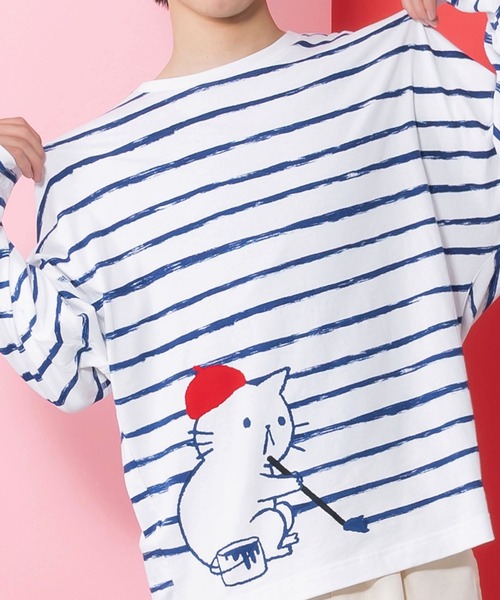 ScoLar Parity（スカラーパリティ）の「361113：画家ネコボーダーTシャツ（Tシャツ/カットソー・レディース・ブルー/オフホワイト/ブラック・M）」の16枚目の写真