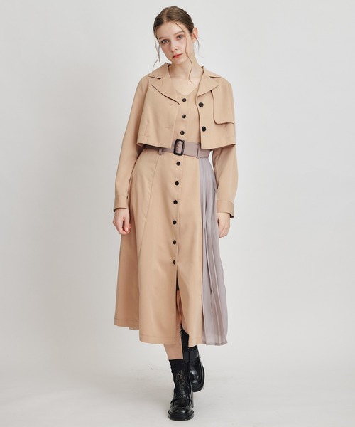 REDYAZEL（レディアゼル）の「トレンチディティールショートシャツジャケット×バイカラープリーツフレアロングワンピースセットアップ（セットアップ・レディース・グリーン/ブルー/ブラウン系その他・FREE）」の2枚目の写真