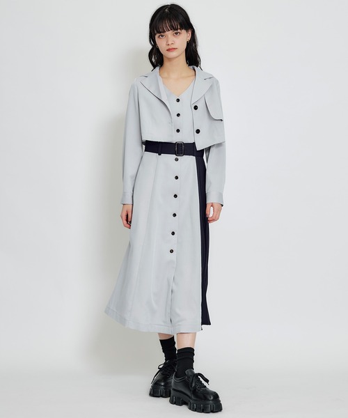 REDYAZEL（レディアゼル）の「トレンチディティールショートシャツジャケット×バイカラープリーツフレアロングワンピースセットアップ（セットアップ・レディース・グリーン/ブルー/ブラウン系その他・FREE）」の3枚目の写真