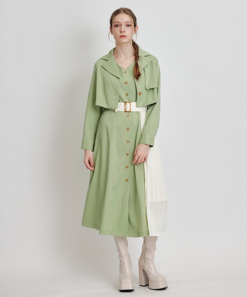 REDYAZEL（レディアゼル）の「トレンチディティールショートシャツジャケット×バイカラープリーツフレアロングワンピースセットアップ（セットアップ・レディース・グリーン/ブルー/ブラウン系その他・FREE）」の4枚目の写真