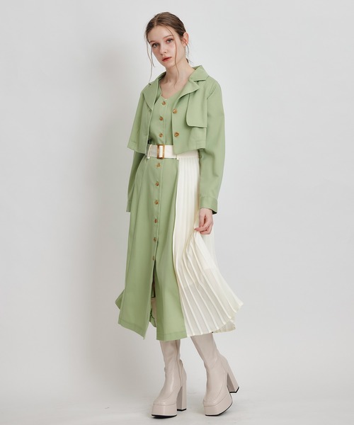 REDYAZEL（レディアゼル）の「トレンチディティールショートシャツジャケット×バイカラープリーツフレアロングワンピースセットアップ（セットアップ・レディース・グリーン/ブルー/ブラウン系その他・FREE）」の5枚目の写真