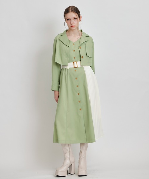 REDYAZEL（レディアゼル）の「トレンチディティールショートシャツジャケット×バイカラープリーツフレアロングワンピースセットアップ（セットアップ・レディース・グリーン/ブルー/ブラウン系その他・FREE）」の6枚目の写真