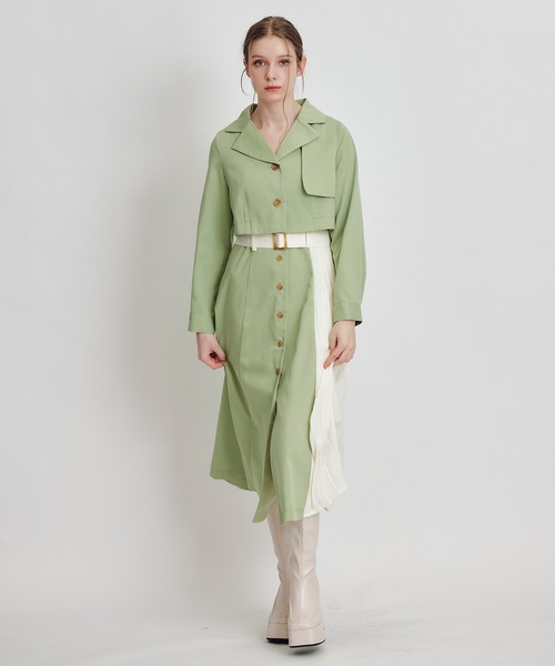 REDYAZEL（レディアゼル）の「トレンチディティールショートシャツジャケット×バイカラープリーツフレアロングワンピースセットアップ（セットアップ・レディース・グリーン/ブルー/ブラウン系その他・FREE）」の9枚目の写真