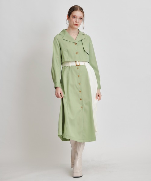 REDYAZEL（レディアゼル）の「トレンチディティールショートシャツジャケット×バイカラープリーツフレアロングワンピースセットアップ（セットアップ・レディース・グリーン/ブルー/ブラウン系その他・FREE）」の10枚目の写真