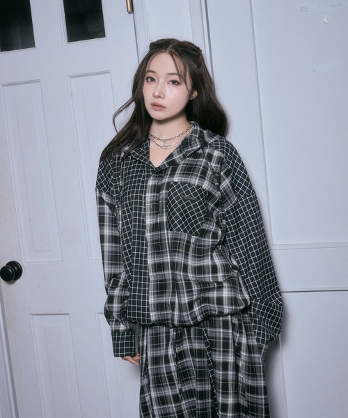 ANDGEEBEE(アンジービー)の「ドッキングチェックフーディシャツ(シャツ/ブラウス・レディース・ネイビー/ブラック・FREE)」の9枚目の写真