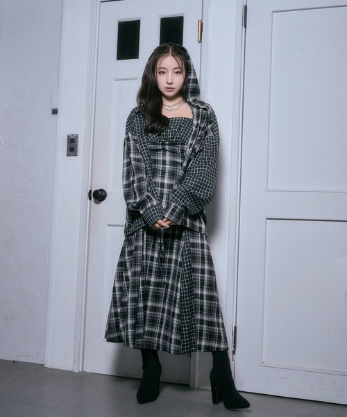 ANDGEEBEE(アンジービー)の「ドッキングチェックフーディシャツ(シャツ/ブラウス・レディース・ネイビー/ブラック・FREE)」の13枚目の写真