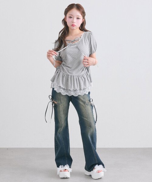 OLIVE des OLIVE(オリーブデオリーブ)の「【着回し力◎】ドロストレースチュニック(Tシャツ/カットソー・レディース・ピンク/ブラック/チャコールグレー/オフホワイト・FREE)」の20枚目の写真