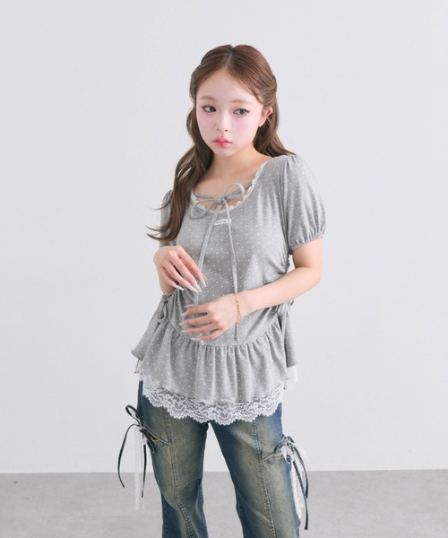 OLIVE des OLIVE(オリーブデオリーブ)の「【着回し力◎】ドロストレースチュニック(Tシャツ/カットソー・レディース・ピンク/ブラック/チャコールグレー/オフホワイト・FREE)」の15枚目の写真
