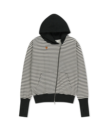 THEMUSEUMVISITOR（ザミュージアムビジター）の「STRIPE UNBALANCED ZIPUP HOODIE (CHARCOAL)（パーカー）」