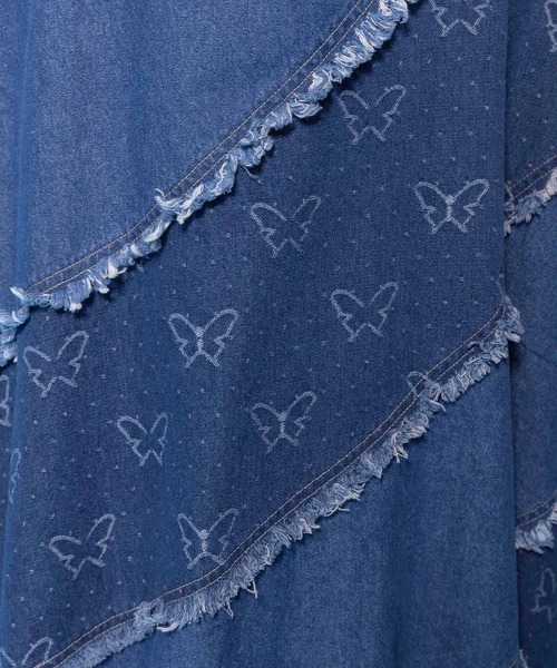 ScoLar（スカラー）の「ScoLar(スカラー) 蝶刺繍or配色 スパイラル切替フリンジデニムスカート（デニムスカート・レディース・ネイビー・MEDIUM）」の3枚目の写真