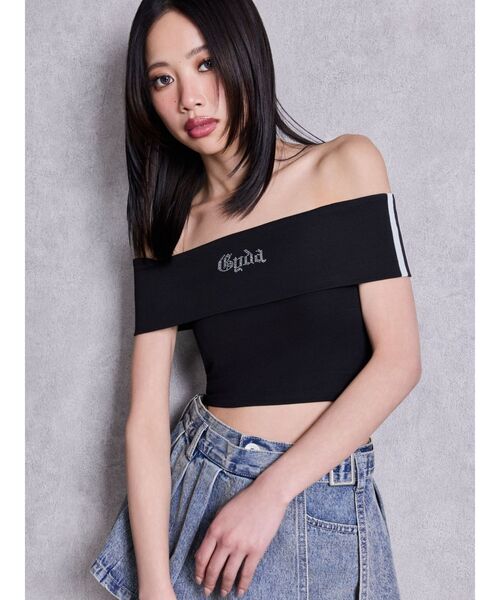 GYDA（ジェイダ）の「Gyda bijouサイドラインオフショルショートTOPS（Tシャツ/カットソー・レディース・ピンク/オフホワイト/ブラック・FREE）」の2枚目の写真
