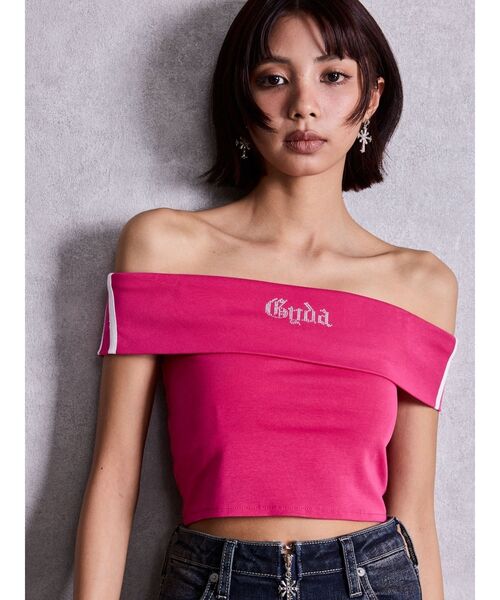 GYDA（ジェイダ）の「Gyda bijouサイドラインオフショルショートTOPS（Tシャツ/カットソー・レディース・ピンク/オフホワイト/ブラック・FREE）」の4枚目の写真