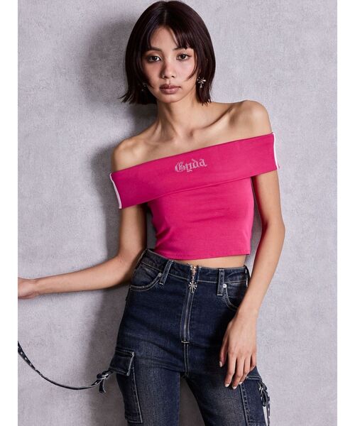 GYDA（ジェイダ）の「Gyda bijouサイドラインオフショルショートTOPS（Tシャツ/カットソー・レディース・ピンク/オフホワイト/ブラック・FREE）」の5枚目の写真