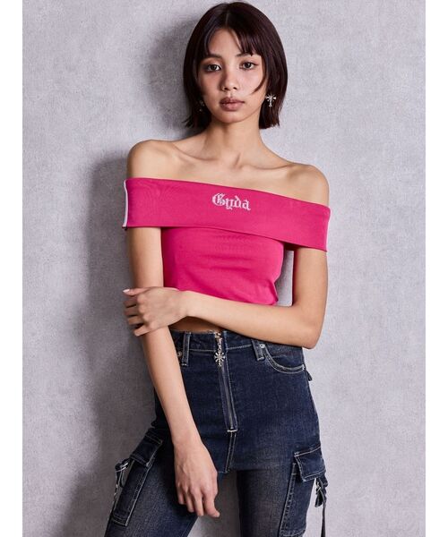 GYDA（ジェイダ）の「Gyda bijouサイドラインオフショルショートTOPS（Tシャツ/カットソー・レディース・ピンク/オフホワイト/ブラック・FREE）」の6枚目の写真