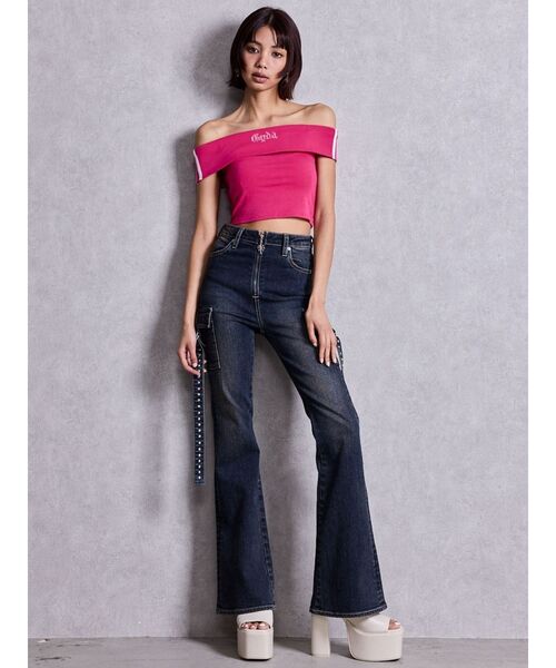 GYDA（ジェイダ）の「Gyda bijouサイドラインオフショルショートTOPS（Tシャツ/カットソー・レディース・ピンク/オフホワイト/ブラック・FREE）」の9枚目の写真