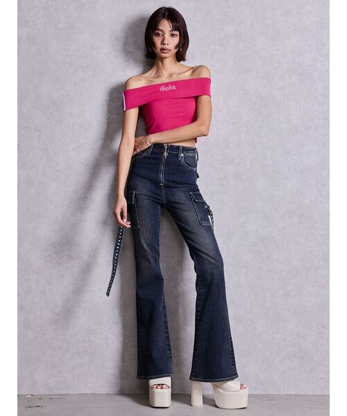 GYDA（ジェイダ）の「Gyda bijouサイドラインオフショルショートTOPS（Tシャツ/カットソー・レディース・ピンク/オフホワイト/ブラック・FREE）」の10枚目の写真