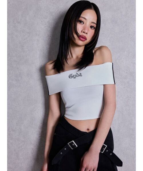 GYDA（ジェイダ）の「Gyda bijouサイドラインオフショルショートTOPS（Tシャツ/カットソー・レディース・ピンク/オフホワイト/ブラック・FREE）」の14枚目の写真