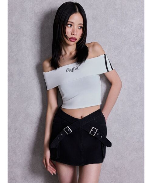 GYDA（ジェイダ）の「Gyda bijouサイドラインオフショルショートTOPS（Tシャツ/カットソー・レディース・ピンク/オフホワイト/ブラック・FREE）」の16枚目の写真