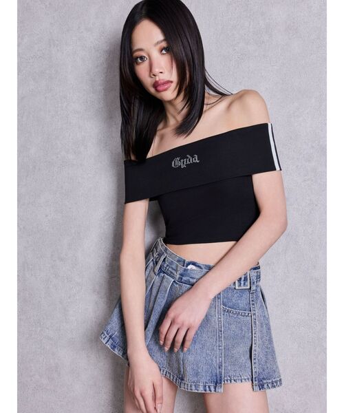 GYDA（ジェイダ）の「Gyda bijouサイドラインオフショルショートTOPS（Tシャツ/カットソー・レディース・ピンク/オフホワイト/ブラック・FREE）」の20枚目の写真