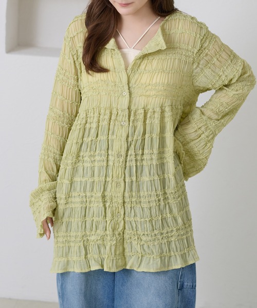 apres jour clair（アプレジュールクレア）の「【apres jour clair】シャーリングシアーフリルチュニック（シャツ/ブラウス・レディース・グリーン系その他/ダークブラウン/アイボリー・フリー/X-LARGE）」の3枚目の写真