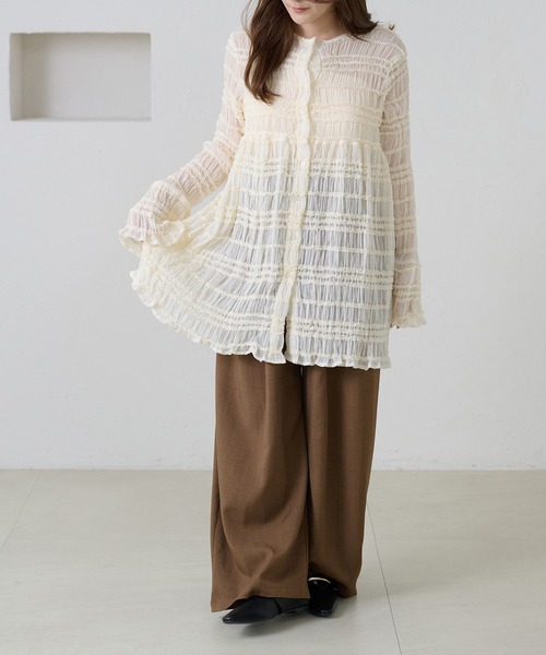 apres jour clair（アプレジュールクレア）の「【apres jour clair】シャーリングシアーフリルチュニック（シャツ/ブラウス・レディース・グリーン系その他/ダークブラウン/アイボリー・フリー/X-LARGE）」の11枚目の写真