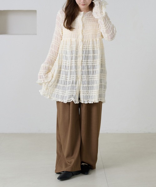 apres jour clair（アプレジュールクレア）の「【apres jour clair】シャーリングシアーフリルチュニック（シャツ/ブラウス・レディース・グリーン系その他/ダークブラウン/アイボリー・フリー/X-LARGE）」の12枚目の写真