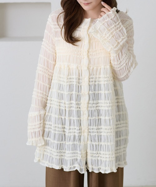 apres jour clair（アプレジュールクレア）の「【apres jour clair】シャーリングシアーフリルチュニック（シャツ/ブラウス・レディース・グリーン系その他/ダークブラウン/アイボリー・フリー/X-LARGE）」の18枚目の写真